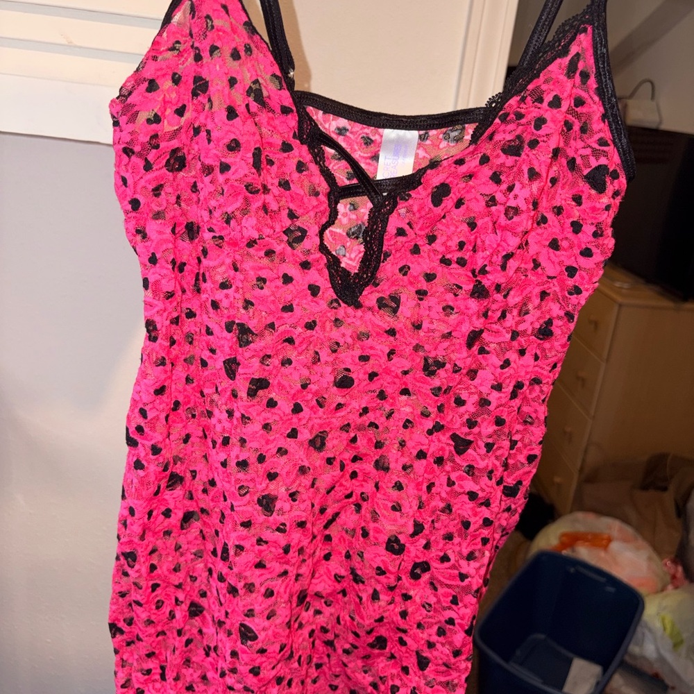 Women's Pink and Black Lace Chemise